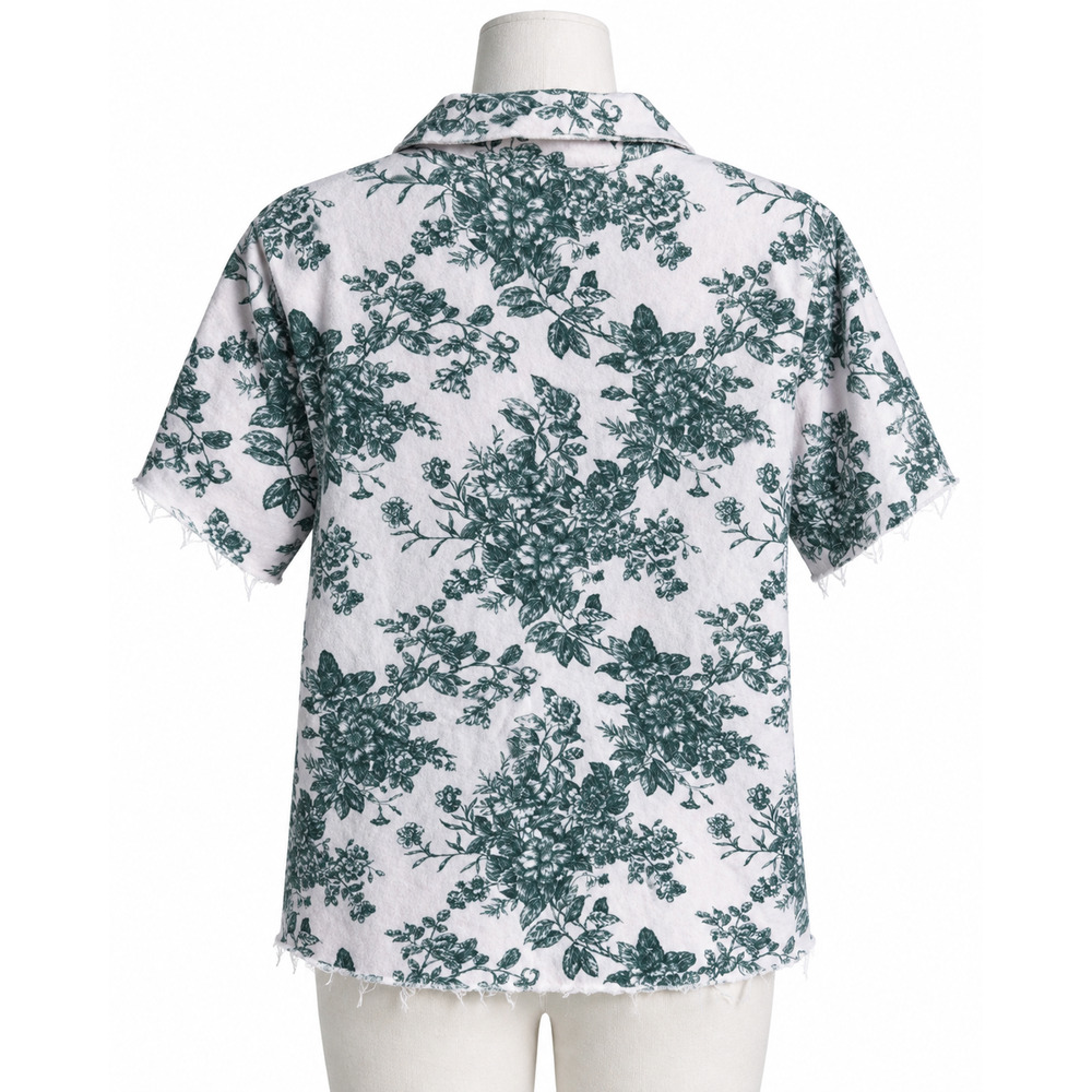 Garnet Hill Women's White/Green Floral Toile Button Front Top Short Sleeve Large - Picture 2 of 4